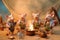 several cute happy baby pig dressed as Boy Scouts sit by the fire created with Generative AI technology