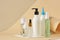 several different mo-ap blank bottles with cosmetics on a creative background from torn paper