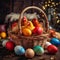 Several eggs of different colors lie in a basket on the table, a few hens sit on top, the holiday of Easter