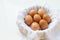 Several eggs laid on a white cloth. on a white background.