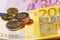 Several euro coins and euro banknotes