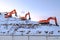 Several excavators work on a huge mountain in a garbage dump