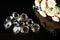 Several excellent pure diamonds and bouquet of tea roses with reflection on black mirror background close up view. Jewelry