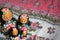 A several figures of traditional russian matryoshka on the tablecloth