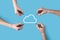 Several, four hands draw cloud icon.Cloud computing concept - connect smart phone to cloud. computing network information