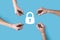 Several, four hands draw a padlock icon with a marker.Cyber security network. Internet technology networking.Protecting data