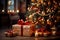 Several gift boxes on a background of Christmas trees.