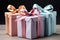 Several gift boxes in pastel colors.