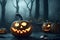 Several glowing jack-o-lantern pumpkins and a dark, spooky, gloomy, misty forest background, a Halloween image