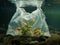 Several goldfish in a plastic bag on the bottom of the polluted ocean or sea