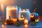 Several halloween candles and pumpkins on a reflective white surface. Generative AI