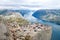 Several hikers enjoying the views in the summit of the Pulpit Rock Preikestolen, Norway.