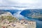 Several hikers enjoying the views in the summit of the Pulpit Rock Preikestolen, Norway.