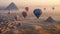 Several Hot Air Balloons Above The Egyptian Pyramids in Giza, Egypt - Generative AI