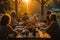 Several individuals gathered together, sitting and conversing around a sturdy wooden table, A beautiful sunset scene on a farm