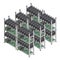 Several isometric vector crypto currency mining farms concept with graphic video cards isolated.