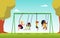 Several kids in nature park swing on swing and bungee in flat vector illustration.