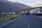 Several kilometres long line of Trucks by the side of the Georgian military highway near Kazbegi