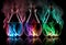 Several medical flasks with glowing multi-colored liquid on a black background. AI Generated