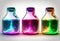 Several medical flasks with glowing multi-colored liquid on a white background. AI Generated