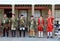 Several men dressed in soldier`s uniforms, ready for battles during re-enactments of war, Fort Ontario, 2016