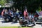 Several motorcycles and riders getting ready for July 4th Parade, Saratoga Springs,New York,2016