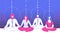 Several office workers in smart clothing sit in yoga position and meditate against abstract blue background. Concept of