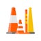 Several orange cones and various types of road stops elements on white