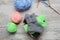 Several pairs of small woolen socks for newborn on wooden vintage table