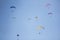 A several paragliders on colorful parachutes in a clear blue sky