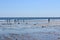 Several people walking along the rocky shoreline of Short Sands Beach,York, Maine, 2018