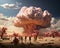 several people walking past a huge mushroom cloud, which is rising