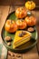 Several pieces of pumpkin cake with nuts on green table, a traditional autumn dish for thanksgiving day and halloween