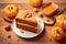 Several pieces of pumpkin cake with nuts on orange table, a traditional autumn dish for thanksgiving day and halloween