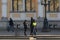 Several police officers are standing talking near the Moscow train station