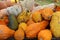 Several pumpkins in variety of shapes and sizes help welcome Fall holidays