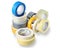 Several rolls of adhesive tapes of different colors, sizes, purposes.