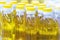 Several rows of sunflower oil in plastic bottles