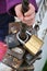 Several rusty locks on the fragment of metal bridge