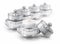 Several silver deluxe cosmetic jar on white