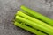 Several stalks of organic celery on a gray background close view