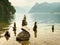 Several stone piles on the shore of lake Traunsee