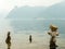 Several stone piles on the shore of lake Traunsee