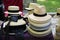 Several straw hats in a street market