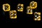 Several transparent yellow dice on a black surface closeup. Gambling Ñoncept background