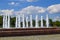 Several vertical jets of the fountain. Decorative fountain in the park area