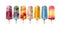Several very cold colored homemade ice lollies with pieces of fruit on cutout PNG transparent background. Generative AI
