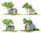 Several view of project of a modern small wooden house with a high roof and large windows on an island of greenery with trees. On