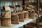 Several vintage rusty irons on a shelf. Soft focus