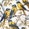 Several yellow and blue birds sitting on a tree branch.